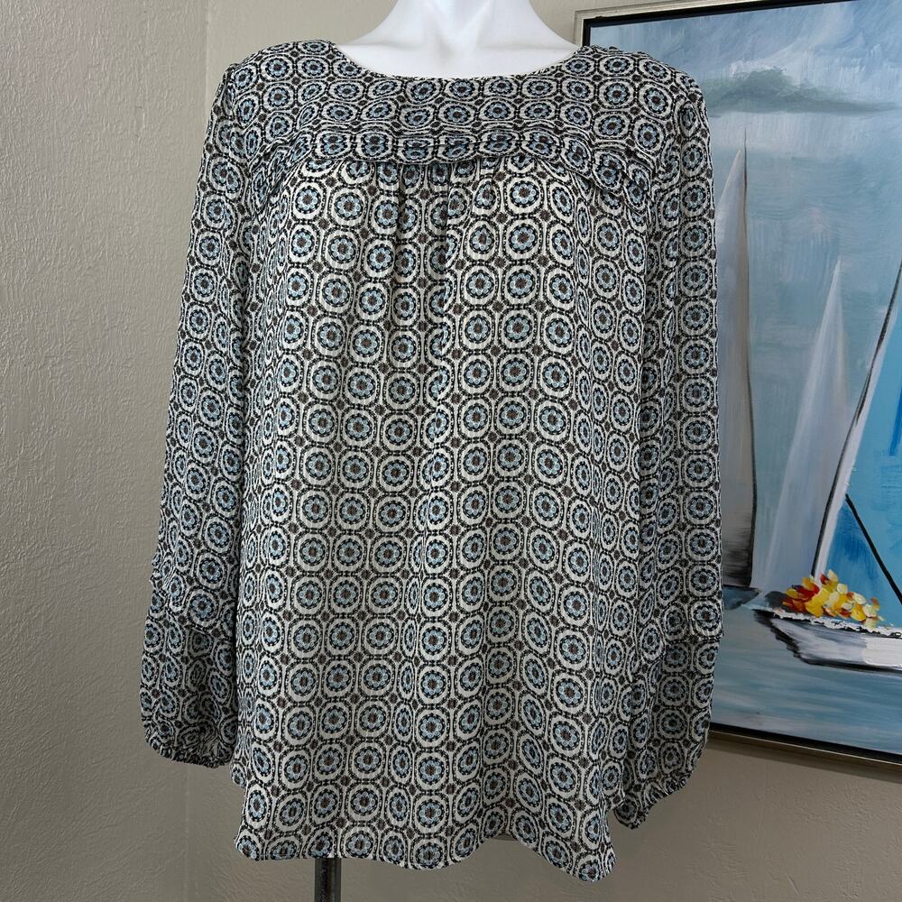 LOFT Black and White Printed Long-Sleeve Peasant Blouse